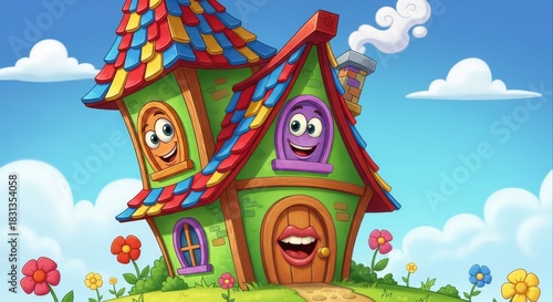 Whimsical Cartoon House with Smiling Windows and Colorful Roof.