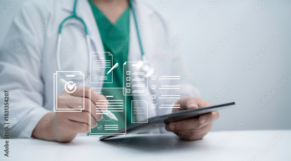 Fototapeta premium Doctor reviewing and signing digital medical documents on a tablet representing electronic records secure workflow and modern healthcare management through advanced digital technology