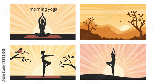 Collage of yoga poses at sunrise with natural scenery and silhouettes.