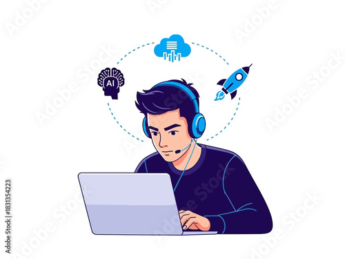 Man Working on Laptop with AI Cloud and Rocket Icons.