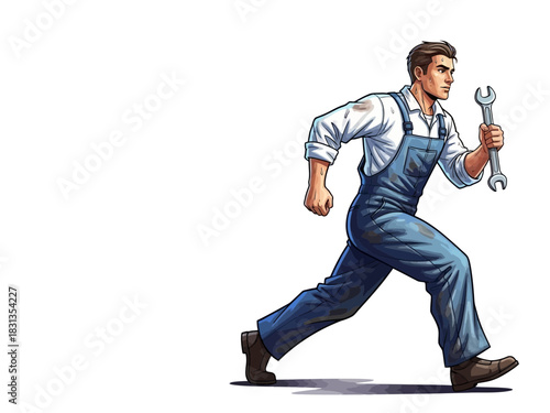 Mechanic in Action Cartoon Style Illustration of a Repairman.