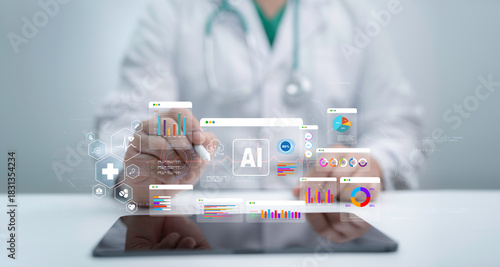 Doctor interacting with AI-powered medical data dashboards on a tablet representing advanced analytics digital health insights and modern healthcare technology for smarter clinical decisions