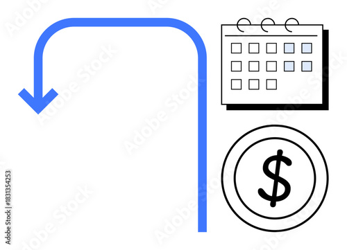 Blue U-turn arrow, calendar, and dollar coin symbolizing budget planning, cost deadline, financial strategy, payment scheduling. Ideal for business, finance, deadlines success goal setting project