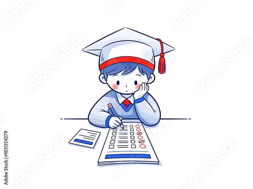 Student Concentrating on Exam with Graduation Cap.