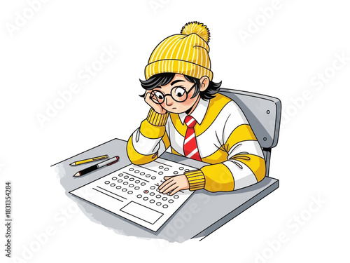 Student Concentrating on Exam with Yellow Hat.