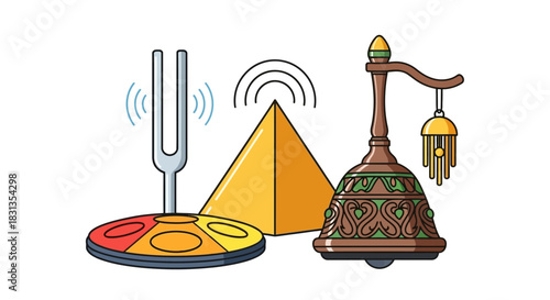 Illustration of a tuning fork, pyramid, and bell with a sound wave, on a white background.