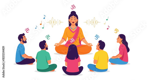 Illustration of a diverse group of people meditating with sound waves around them on a