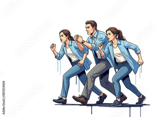 Three People Running in a Cartoon Style Illustration.