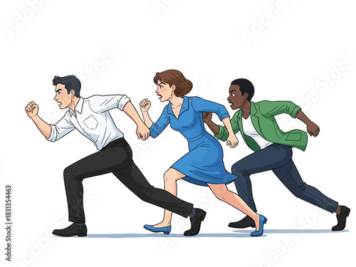 Urgent Escape Three People Running in a Hurry.