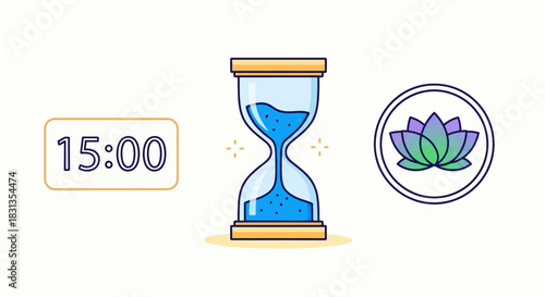 Illustration of an hourglass with blue sand and a lotus flower logo next to a digital