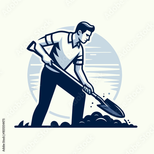 vector illustration of a worker digging a hole