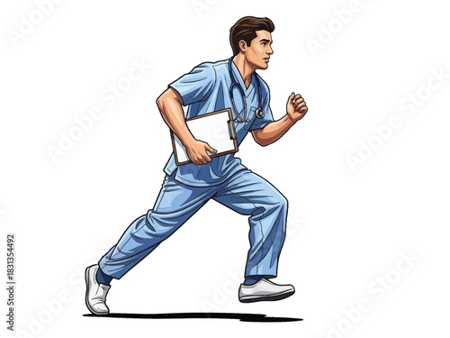 Urgent Medical Professional Running with Patient Records.