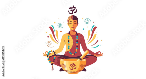 Illustration of a meditating man with a singing bowl and colorful orbs on white background