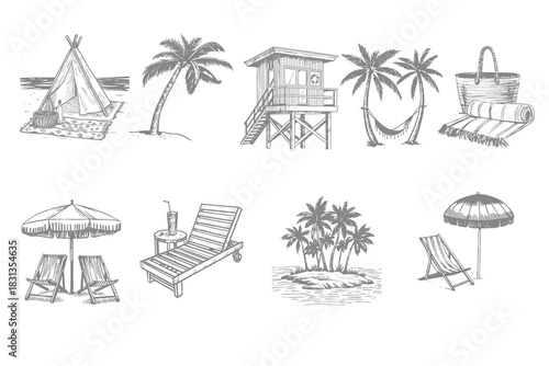 Hand drawn Summer beach doodles elements for creative design. Hand drawn illustration of palm trees, sun, boat and seashells. Eps 10