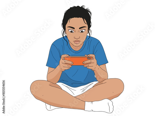 Woman intensely focused on her mobile phone screen.