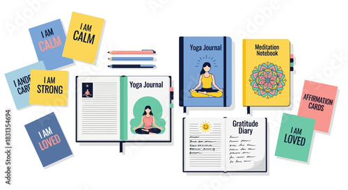 Overhead view of assorted yoga journals and affirmation cards on a white background.