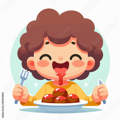 cartoon vector illustration of people eating meatballs