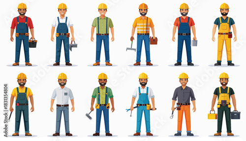 A diverse group of construction workers, each wearing a hard hat and work clothes, ready for various building tasks.
