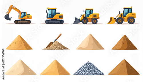 Illustrated construction equipment and sand piles, perfect for designs related to building projects, construction sites, and earthmoving activities.