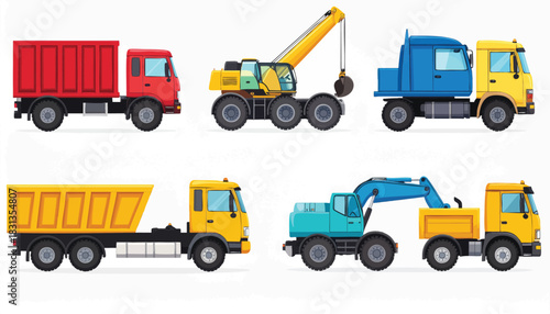 A vibrant illustration showcases a fleet of colorful trucks, including a dump truck and crane, perfect for construction and transport.