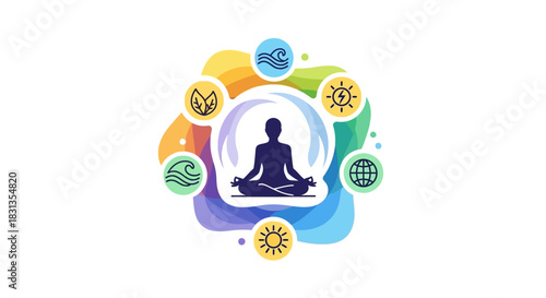 A silhouette of a meditating person surrounded by colorful planets and symbols in a