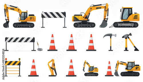 Illustrated construction equipment and safety elements, including excavators, traffic cones, and warning barriers, are displayed on a white background.
