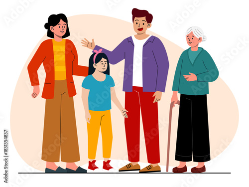 Multi generational family include a mother, father, a young girl and an elderly person with a walking stick. Big family vector illustration. Flat illustration.