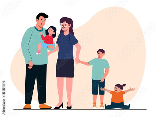 A happy family consists of a father and a mother, and an older man and a younger woman. Big family vector illustration. Flat illustration.