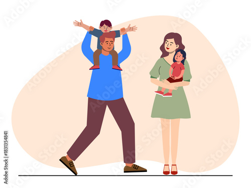 Happy family with two children, father is carrying his son on his shoulders and mother is holding her younger daughter. Big family vector illustration. Flat illustration.