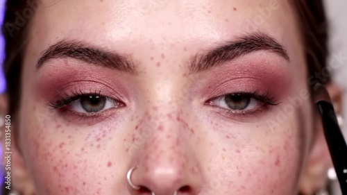 Close up human eye applying pink eyeshadow with brush detailed beauty shot