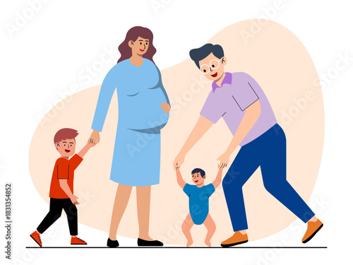 The pregnant mother holds her son's hand, while the father is training their toddler to walk. Big family vector illustration. Flat illustration.
