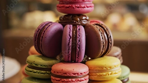 Assorted colorful french pastry stack delicate sweet confection dessert food item close up