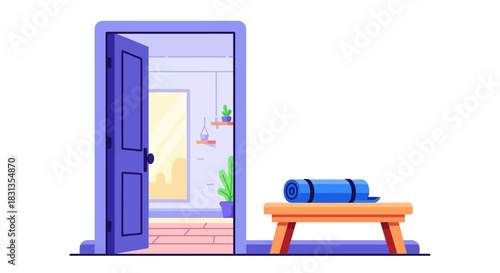 Illustration of an open doorway with a yoga mat on a bench inside a room