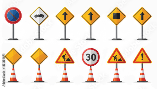 A collection of various road signs, including warning, regulatory, and information signs, displayed on a white background for traffic and safety.