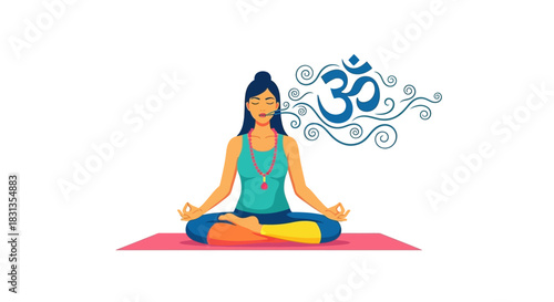 Woman meditating in lotus position on pink yoga mat with om symbol