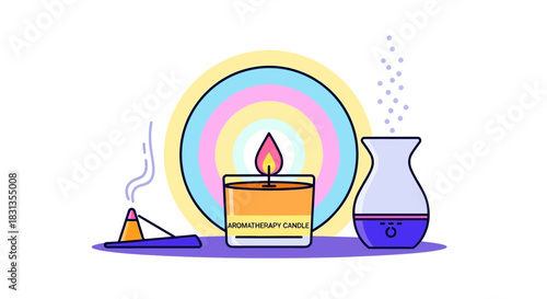 Illustration of a lit candle, incense, and diffuser on a colorful background with a