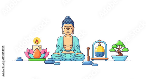 Illustration of a meditating Buddha with a lit candle, lotus flower, and bonsai tree in a
