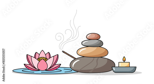 Illustration of a pink lotus flower, incense, stacked stones, and a lit candle on a white