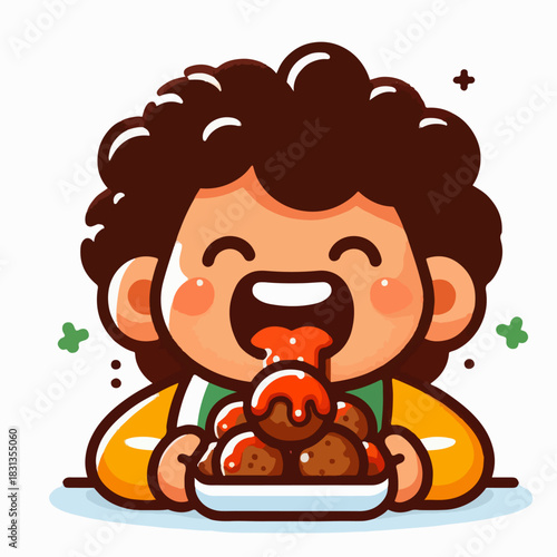 cartoon vector illustration of people eating meatballs