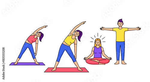 Illustration of people practicing yoga poses on colorful mats in various positions.