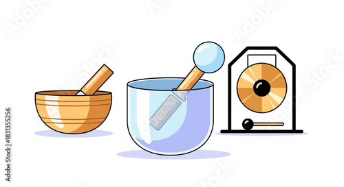 Illustration of a mortar, pestle and a glass with a muddler on a white background