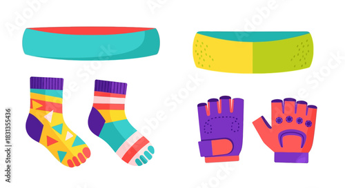 Colorful flat lay of socks and athletic wear accessories on a white background.