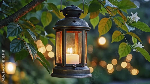 Illuminated lantern hanging from tree branch with soft bokeh lights background
