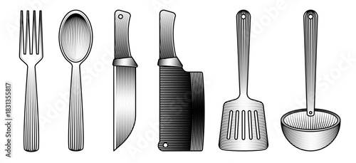 Hand drawn vintage engraving illustration set of kitchen utensils fork spoon knife cleaver spatula black white woodcut style for restaurant menu cooking culinary