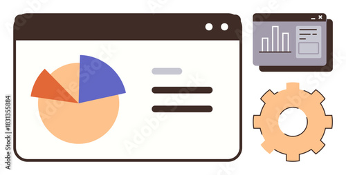 Pie chart in a browser window with bar graph in smaller screen and gear. Ideal for data analysis, report creation, business strategy, optimization, statistics, workflow planning, simple flat metaphor