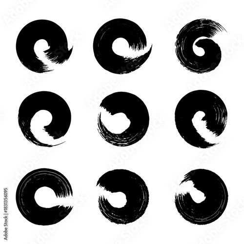 Abstract Black Enso Circle Brush Strokes Set for Logo and Artistic Design Elements