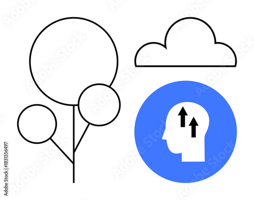 Growth concept. Growth ed by a head silhouette with upward arrows, tree shape, and cloud. Growth in personal development, innovation, and abstract design. Use for education, wellness psychology