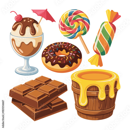 Colorful Cartoon Sweets and Desserts Pack Chocolate Sundae Donut Lollipop Hard Candy Bar and Honey Bucket Vector
