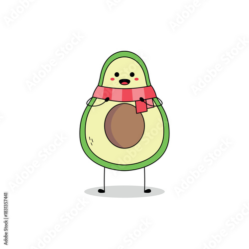 Cute avocado fruit cartoon character wearing a red scarf doodle