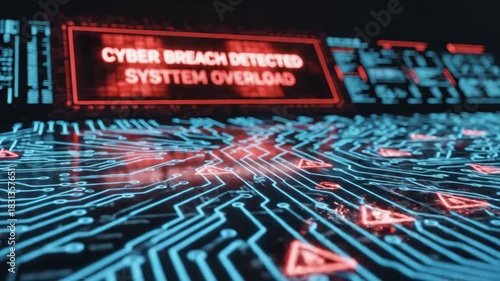 Cyber Breach Detected and System Overload Warning on Digital Display.